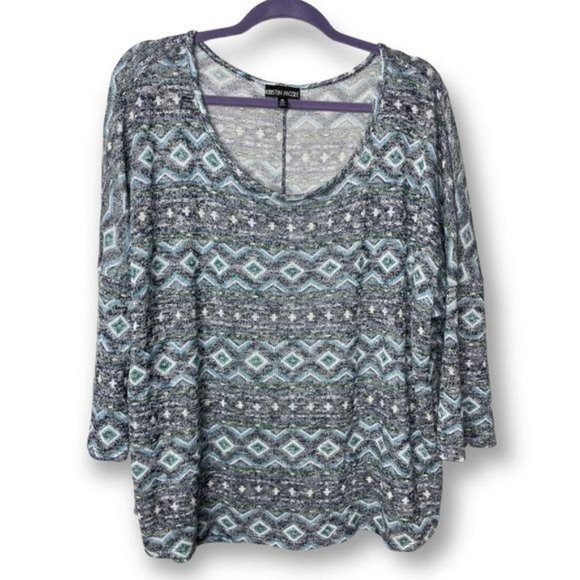 Kristin Nicole 2X Blue Gray Geometric Tribal Lightweight Knit Relaxed Fit Top - Picture 1 of 8